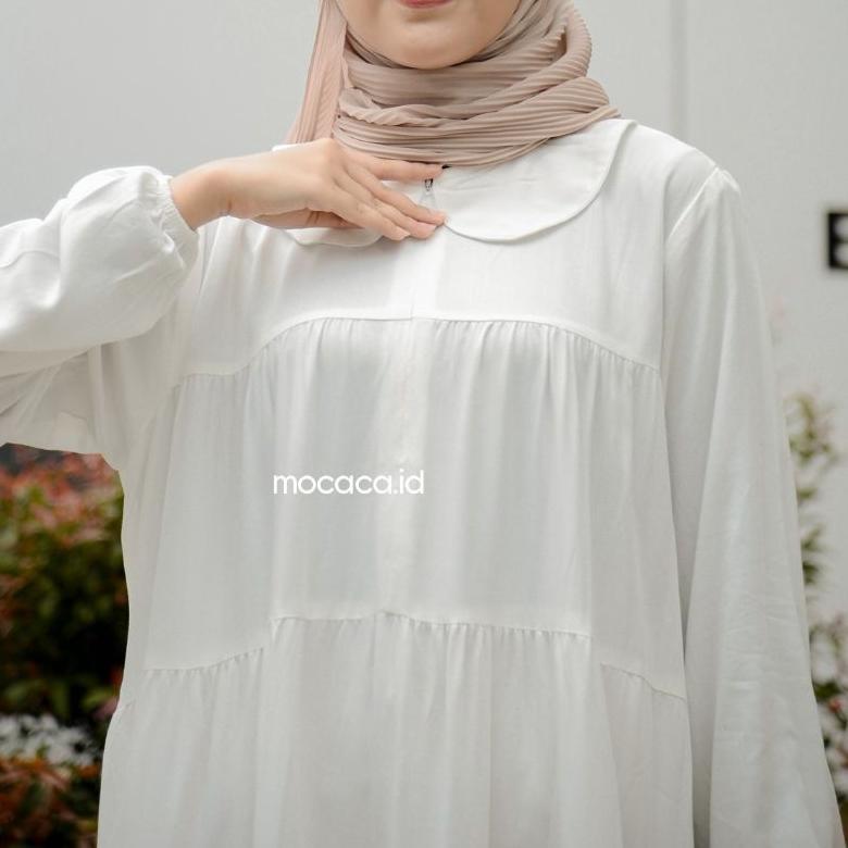 Midi Dress Susun Kerah Renda Katun Rayon Twill Premium Hitam Putih Babydoll Long Tunik Babyblue Terl