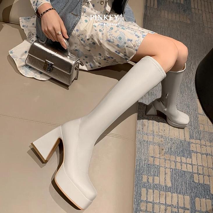 Original Pinkey P295 Boots Panjang Wanita Heels 10Cm Platform Hitam Putih