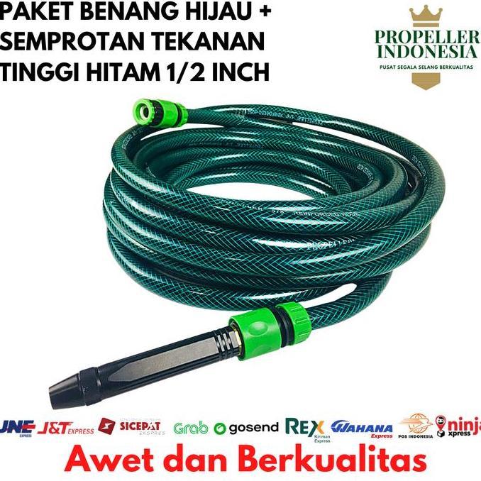 Arau- Selang Air 1/2 Inch Benang Hijau Paket Semprotan Air Cuci Motor Hitam