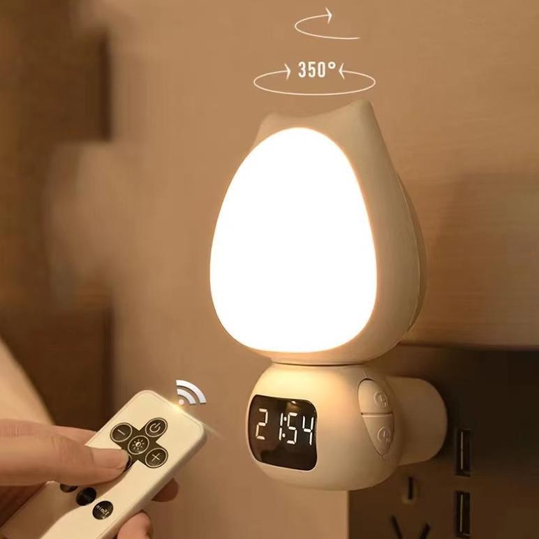 Lampu Tidur Model Kucing LED Wireless Lampu Tidur Jam Remote Digital Rechargeable