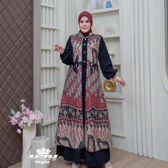 Wxwxw- Gamis Batik Kekinian Gamis Batik Pesta 2 In 1 Kombinasi Jack Black Gamis Mewah Cod