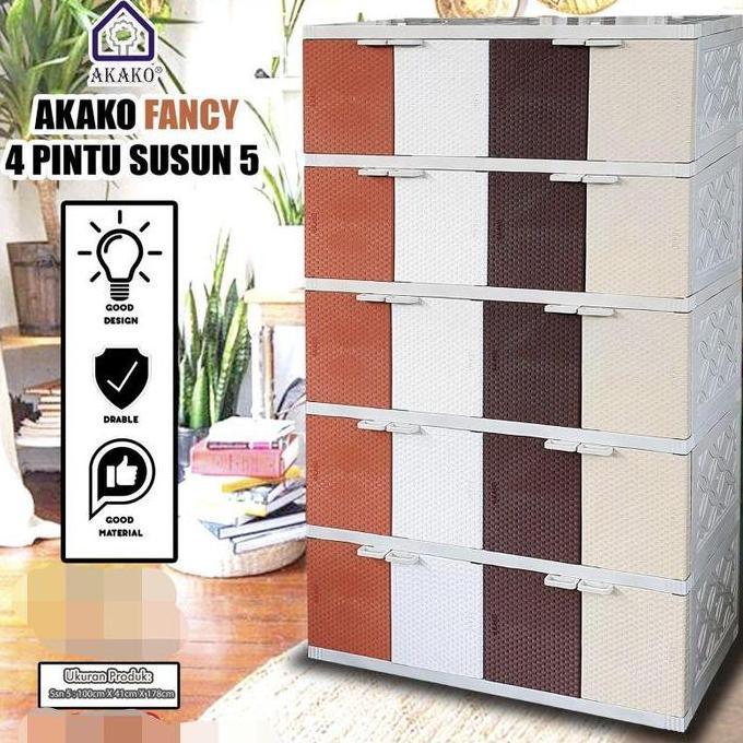 Promo Akako - Lemari Pakaian Plastik Akako Fancy 4 Pintu Susun 5 Motif Rotan Full Colour /Kode:Fancy