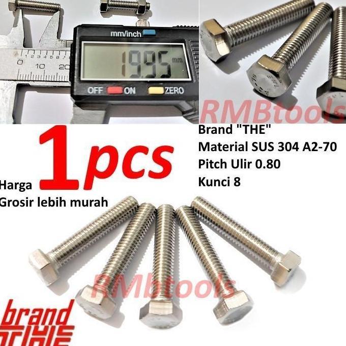 M5x20 Baut Hex Stainless Steel 304 Grade A2-70 Pitch 0.80 Kunci 8 M5 terlaris
