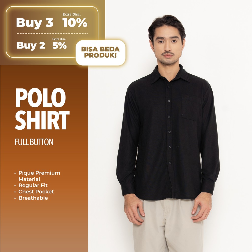 Erigo Polo Shirt Full Button Long Sleeve Boby Black - Kemeja Kerah Lengan Panjang Polos Unisex