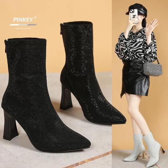 BER_KABIET - [PINKEY] SEPATU WANITA BOOT HEELS HAK TINGGI 7CM MODEL BOOTS P377 BLACK SHOES