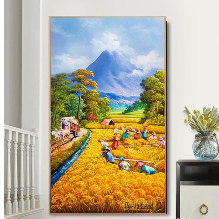 lukisan pemandangan alam padi di sawah lukisan kanvas plus frame