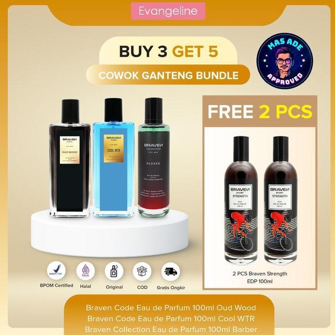 COGAN BUY 3 GET 5Cowok Ganteng Bundle | Braven Eau De Parfum 100ML - Cool WTR - Barber - Oud Wood - 