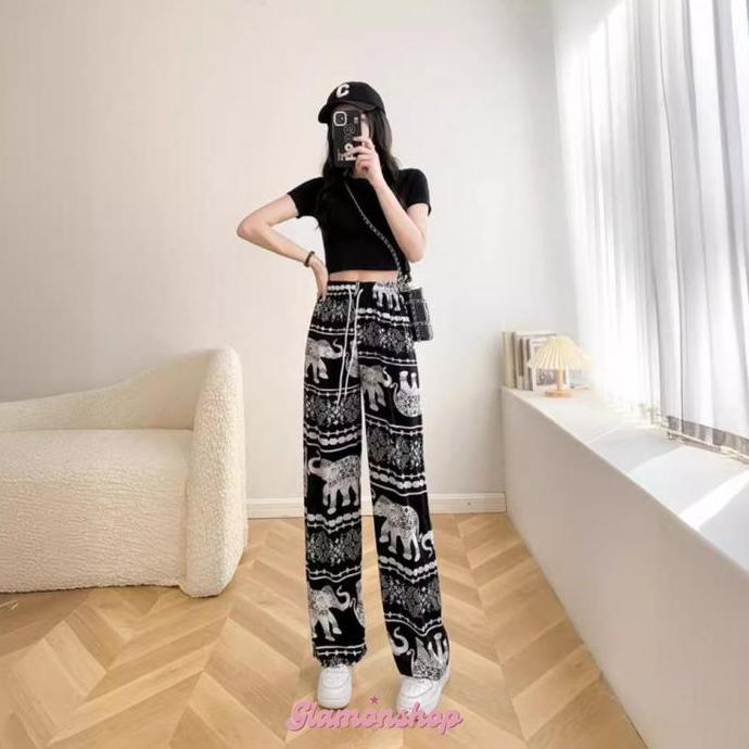OOTD Glamonshop CPG458 Celana Bawahan Panjang Wanita Kulot Motif Batik Salur Bahan Rayon Katun Hitam