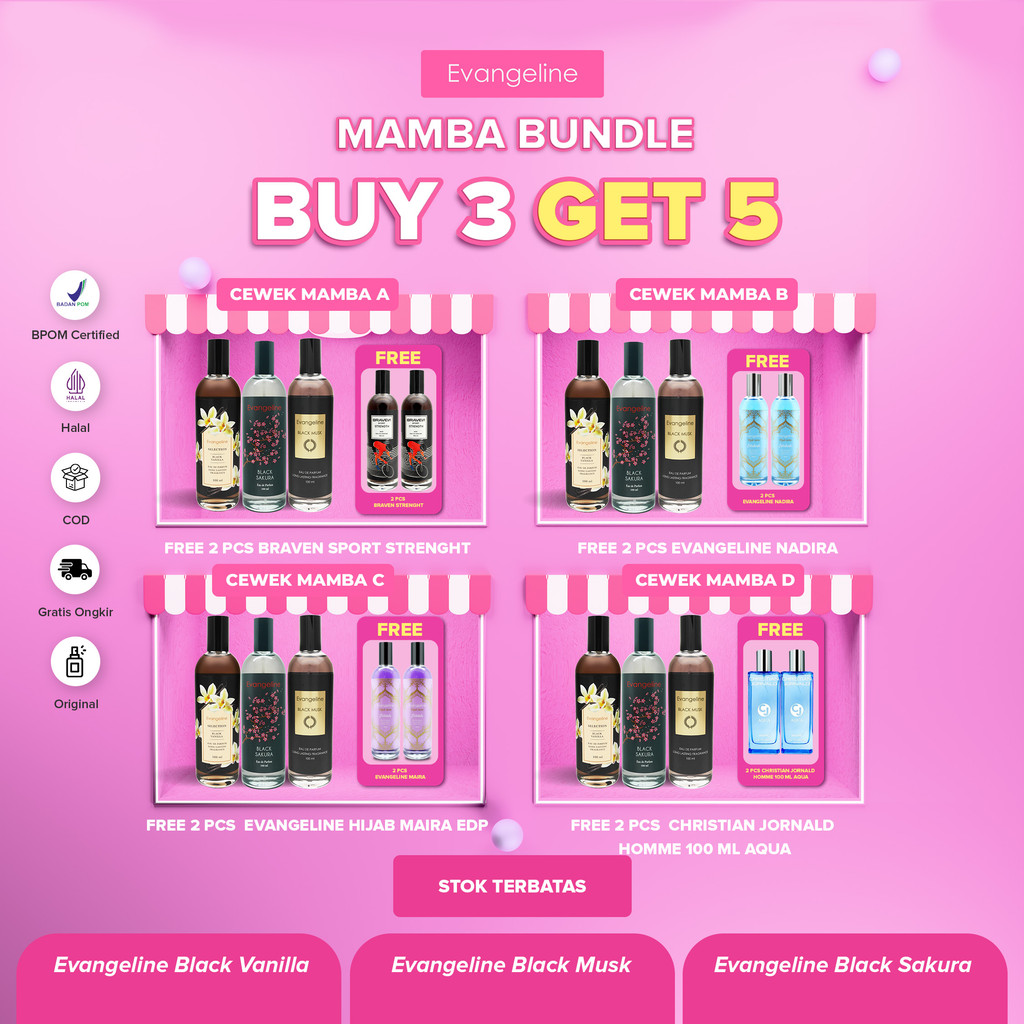 [BUY 3 GET 5] Cewek Mamba Bundle | Evangeline Black Sakura, Black Vanilla, Black Musk - Free BRAVEN 
