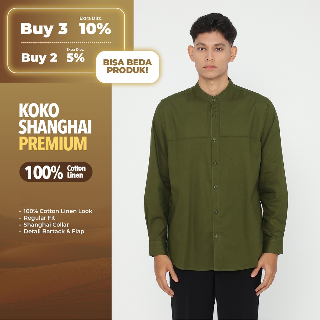 Erigo Koko Shanghai Premium Long Sleeve Zidan Olive - Baju Koko Lengan Panjang Premium Katun Linen U