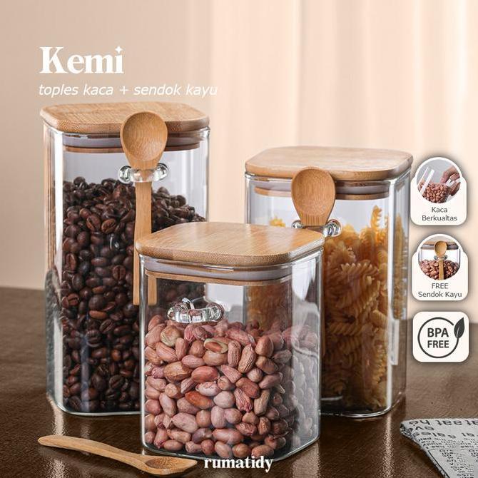 Satuan Kemi Toples Kaca Free Sendok Kayu Dengan Tutup Kayu