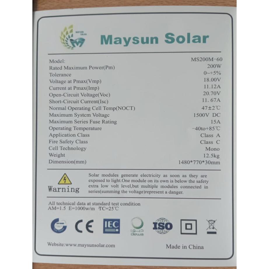 Solar Panel Mono 200WP Maysun Solar MS Solar / PV Panel Surya MS 200WP