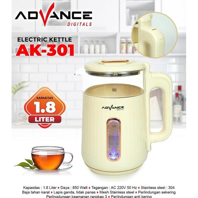Advance Teko Listrik Ak-301 Electric Kettle 1.8L Teko Listrik Kaca Transparan Garansi Resmi 1 Tahun