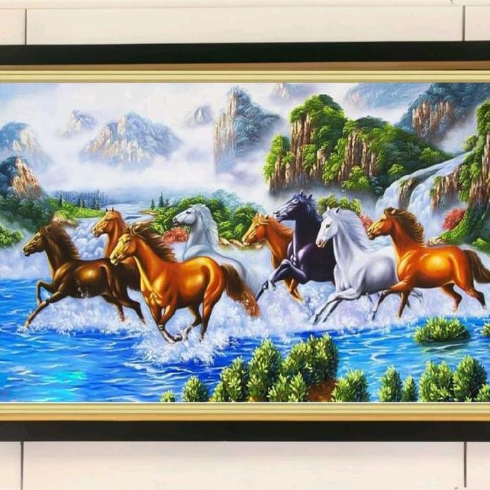 hiasan dinding lukisan cetak kuda 8 lari Fengsui plus figura ukuran 65*45