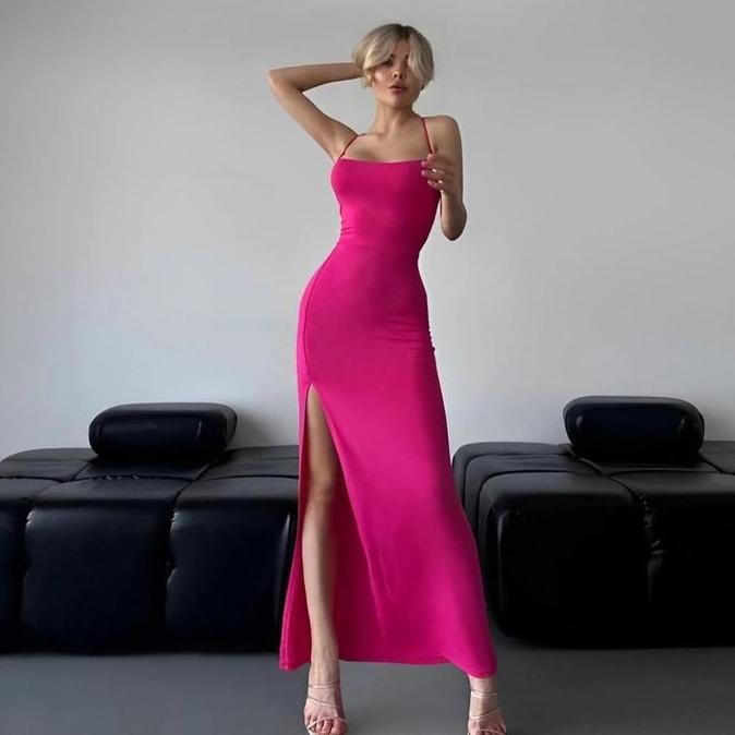 BRAVECOU Dress Party Maxi Long Belah Wanita Tanktop Dress Panjang Belah Korean Style Hitam Elegan Ga