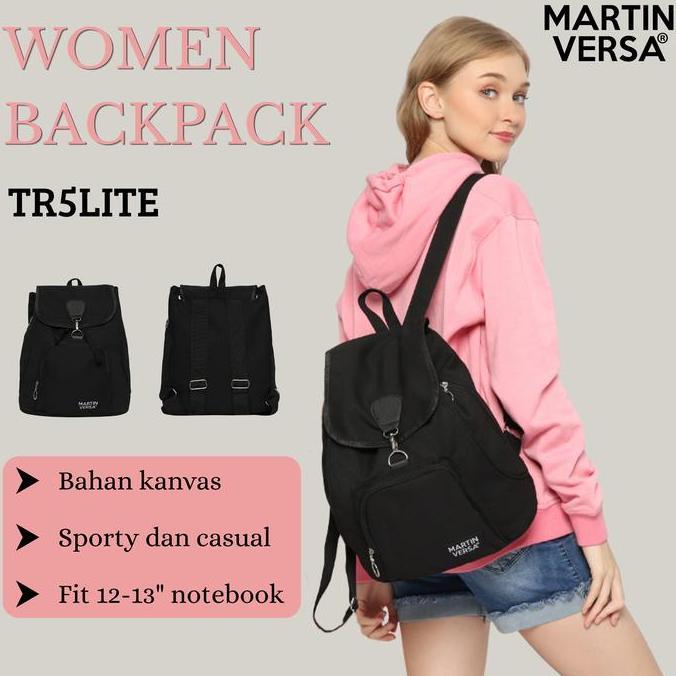 Tas Ransel Wanita TR5LITE Canvas Polos Hitam Martin Versa Backpack Polos