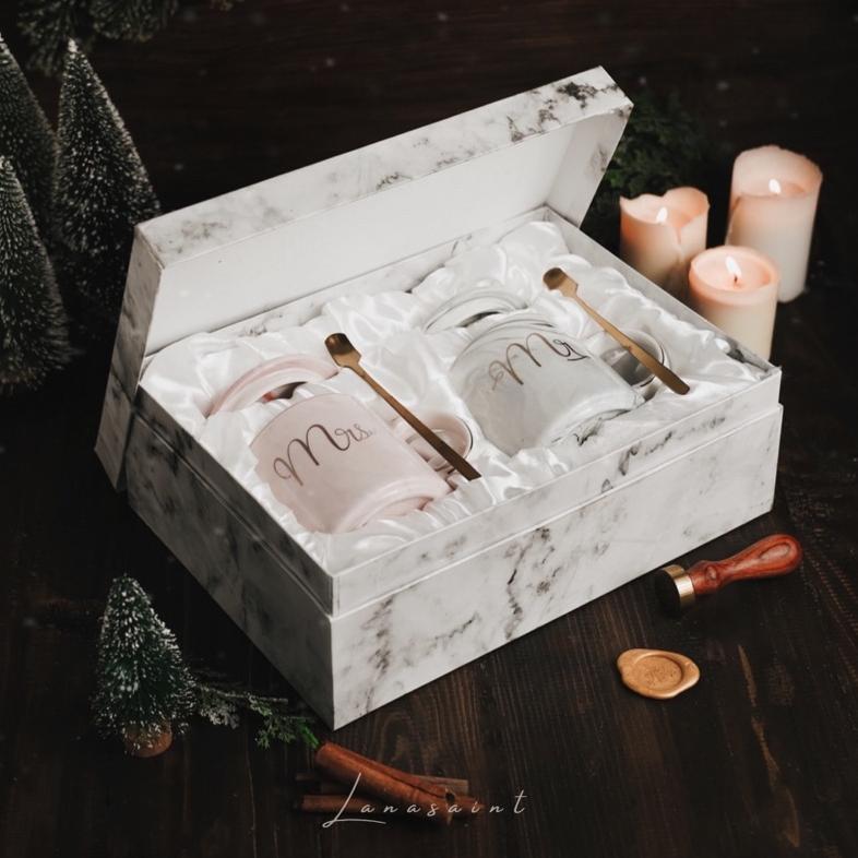 BEST SELLER LANASAINT HAMPERS KERAMIK WEDDING AND BIRTHDAY BERN MARBLE GLASS SET  MR & MRS GLASS