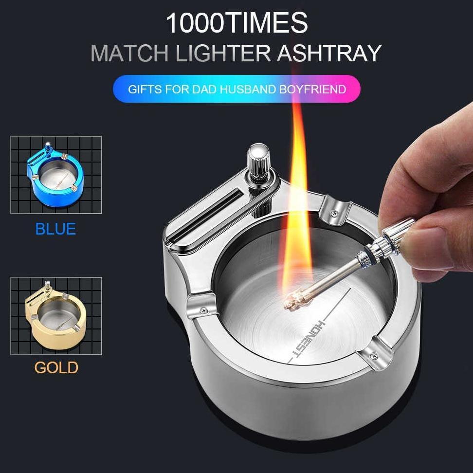 Asbak Korek Gesek Metal Honest Gift Gold Blue