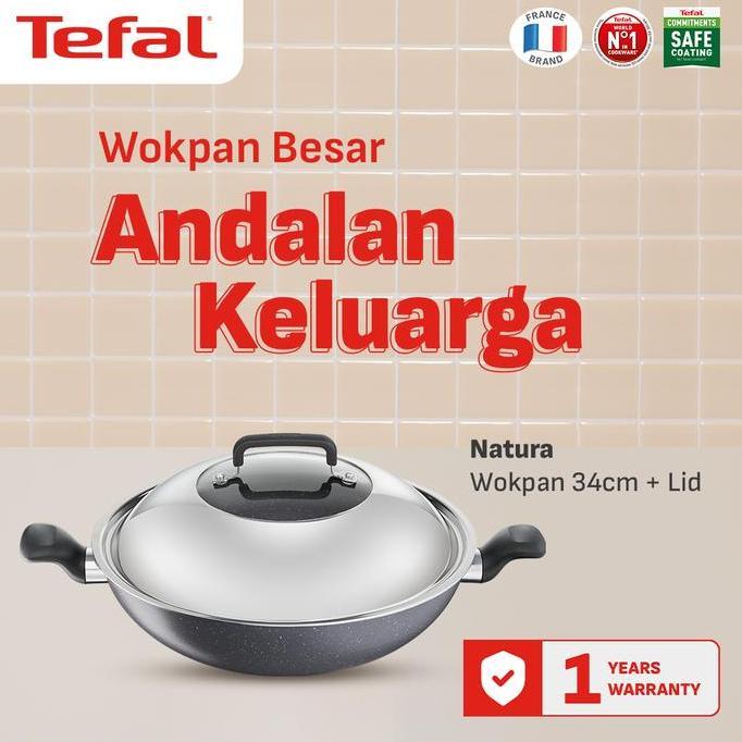 Tefal Wajan Kuali Penggorengan Anti Lengket Natura Wokpan 34cm + Tutup