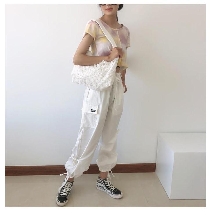 TC-40 tas kain kerut renda putih wanita import jepang shoulder bag