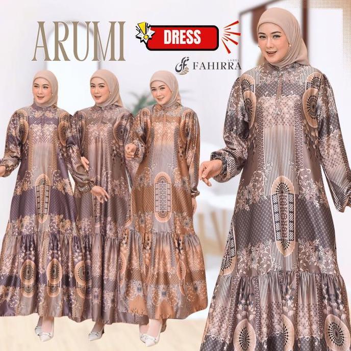 Dress ARUMI Bahan Silk Premium | Gamis Kondangan Lengan Balon Motif Bunga Elegan 2025