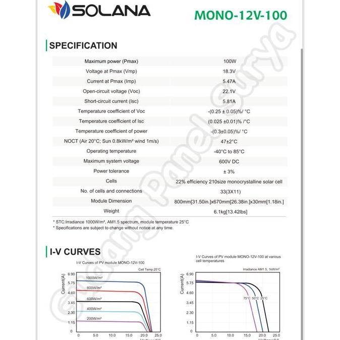 Panel Surya Solar Panel Solarcell SOLANA MONO 100WP 100 WP