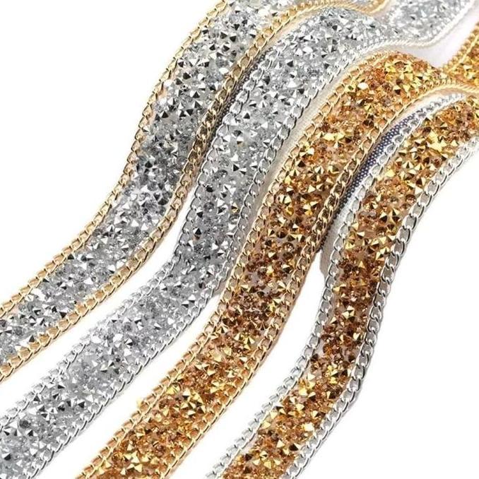 Renda Permata Golden Iron Chain Drill Glue Dress Lace 1 Yard 10mm & 15mm Premium Quality Mewah Elega