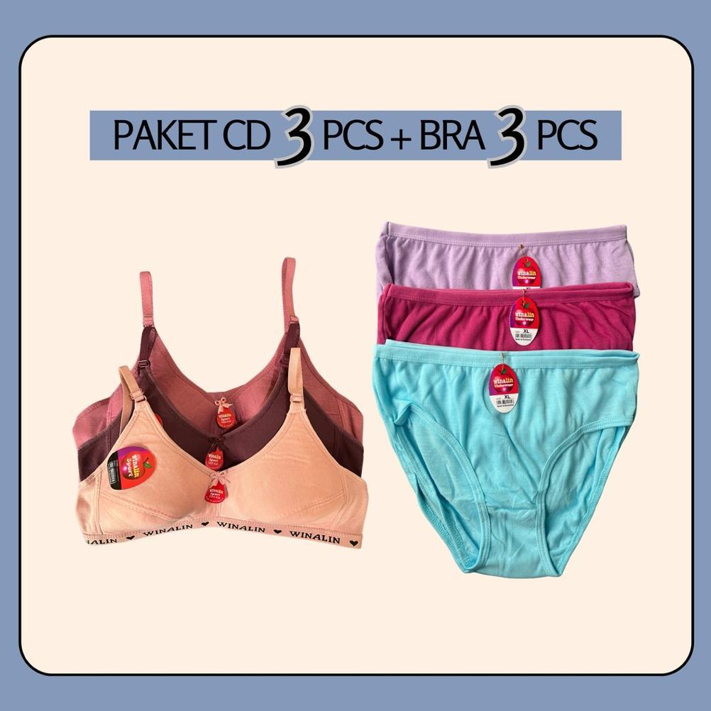 Paket 3 Pcs CD + 3 PCS Bra Celana Dalam Dan Sport Bra Wanita Katun Lembut 3 Pasang Set CD BH Cewek R