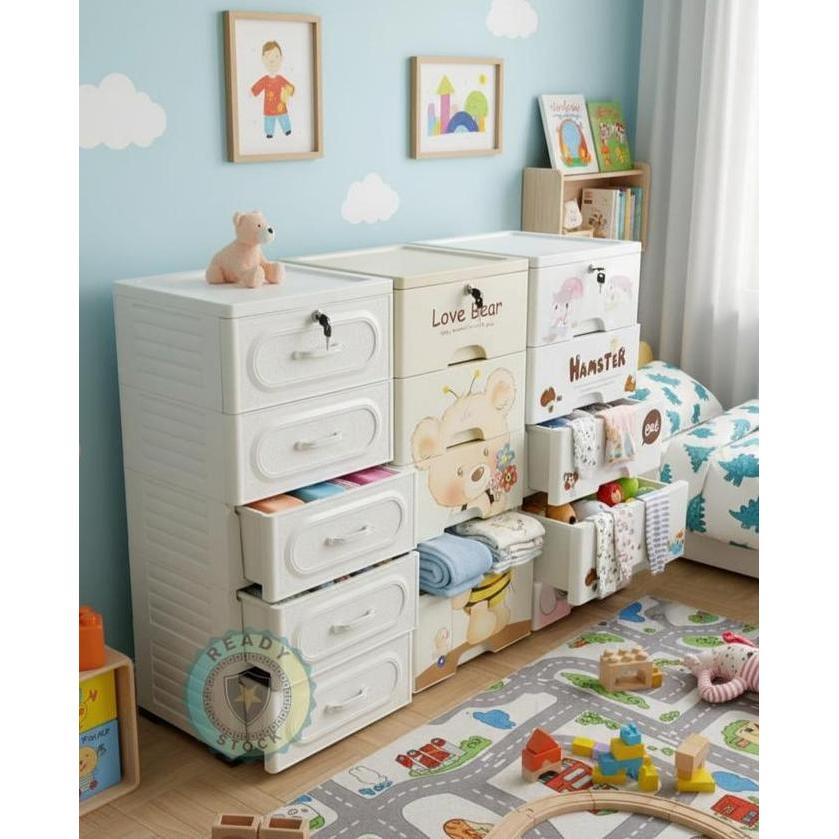 Lemari Plastik Susun Karakter Bear 4 Dan 5 Tingkat Tempat Penyimpanan Laci Multifungsi Lemari Pakaia