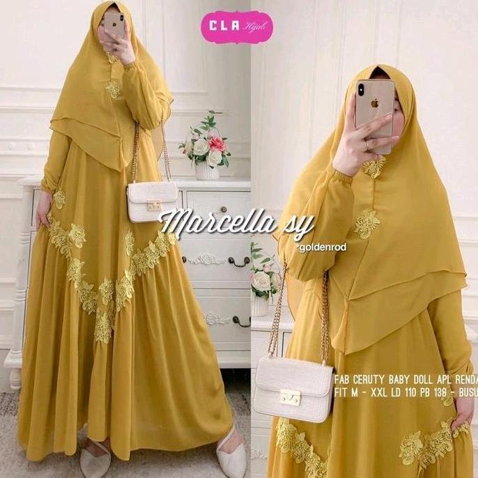 New Syar'I Set Hijab Marcella Dress Ceruty Babydoll Mix Jersey Gamis Syari Set Khimar Polos Putih Pr