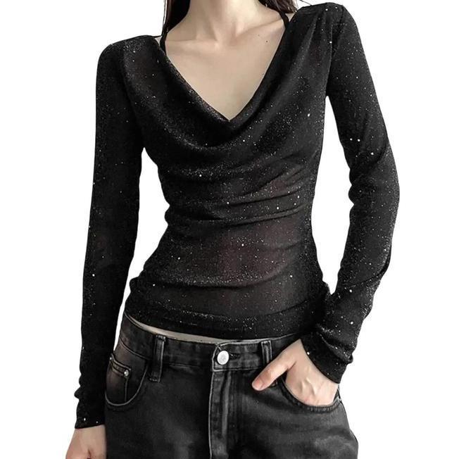 Atasan Wanita Sheer Aesthetic Night Look Outfit Hitam Slim Fit Glitter
