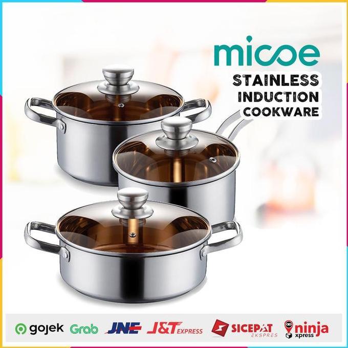 Cookware Pan Set Paket Panci Stainless Glass Lid Kompor Induksi Micoe