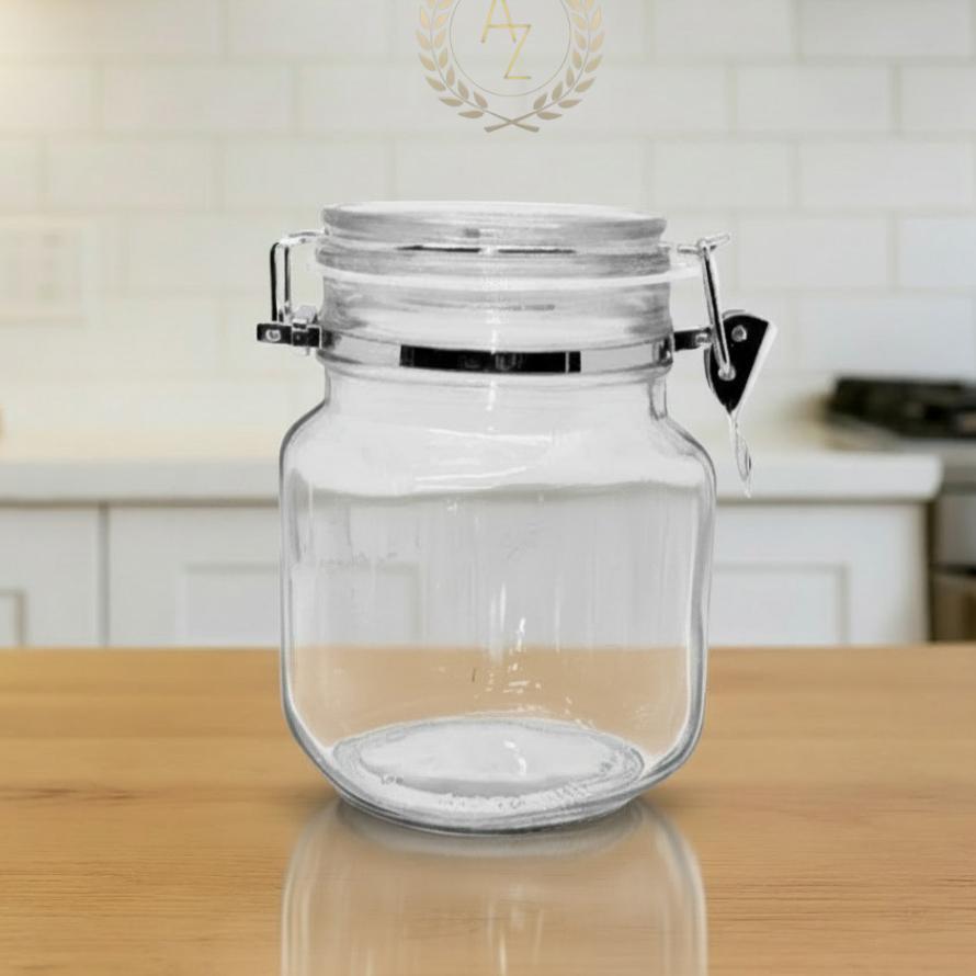 Toples Kaca Bening Tutup Lock Stainless Ukuran 1L/ Toples Kaca Dengan Penutup Kunci Dan Karet