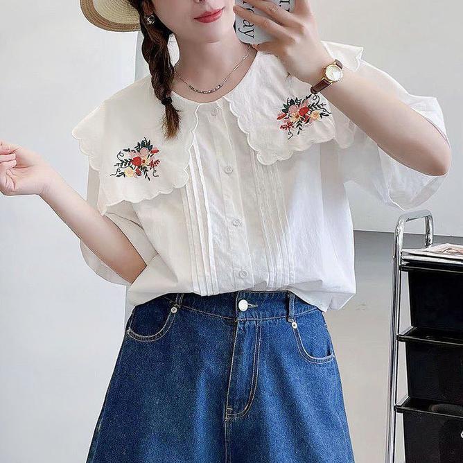 Blus Katun Blus Katun Putih Oversize Putih Collar Lebar Segi Scallop