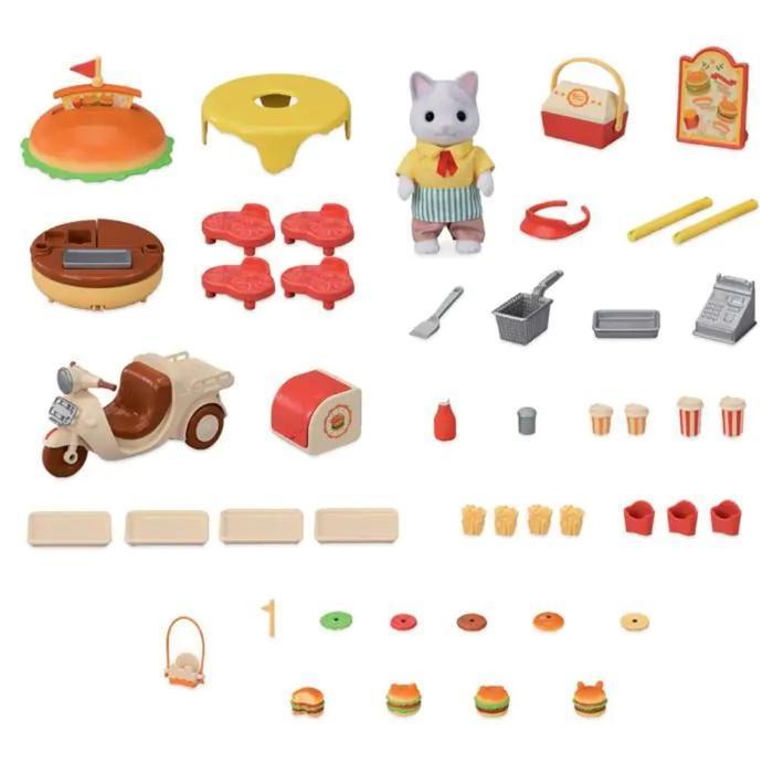 (Best Saller) Mainan Boneka Sylvanian Families Hamburger Stand Plus Motor Latte Cat Father 30 Akseso