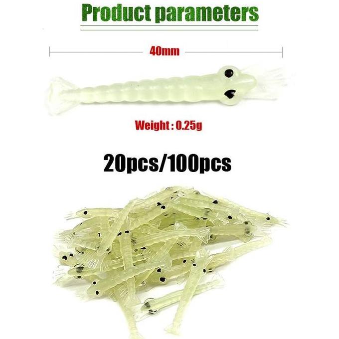 HASQUINE 100Pcs Umpan Pancing Udang Tiruan Kecil Bercahaya Soft Lure Udang Palsu Mancing 4Cm
