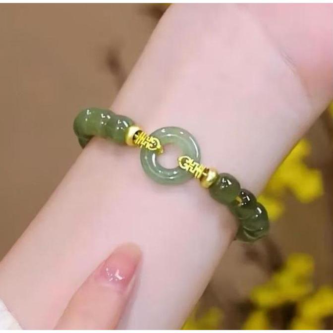 GUNEMANE Gelang Giok Hijau Berlapis Emas Gelang Giok Cina Impor Asli Gelang Keamanan Manik-manik Dzi