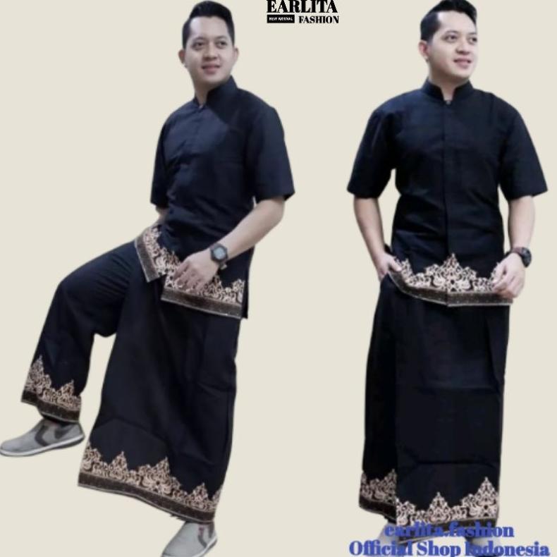 Original Baju Koko Dewasa Setelan Sarung Celana Kemeja Batik Pria Koko Hitam Lengan Panjang Dan Pend