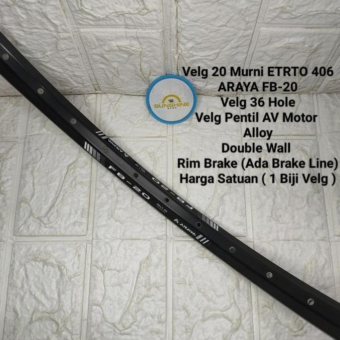Rims Velg BMX 20 Murni ARAYA FB20 Lubang 36H Rim ETRTO 406 Double Wall Brake Line Valve AV Full Blac