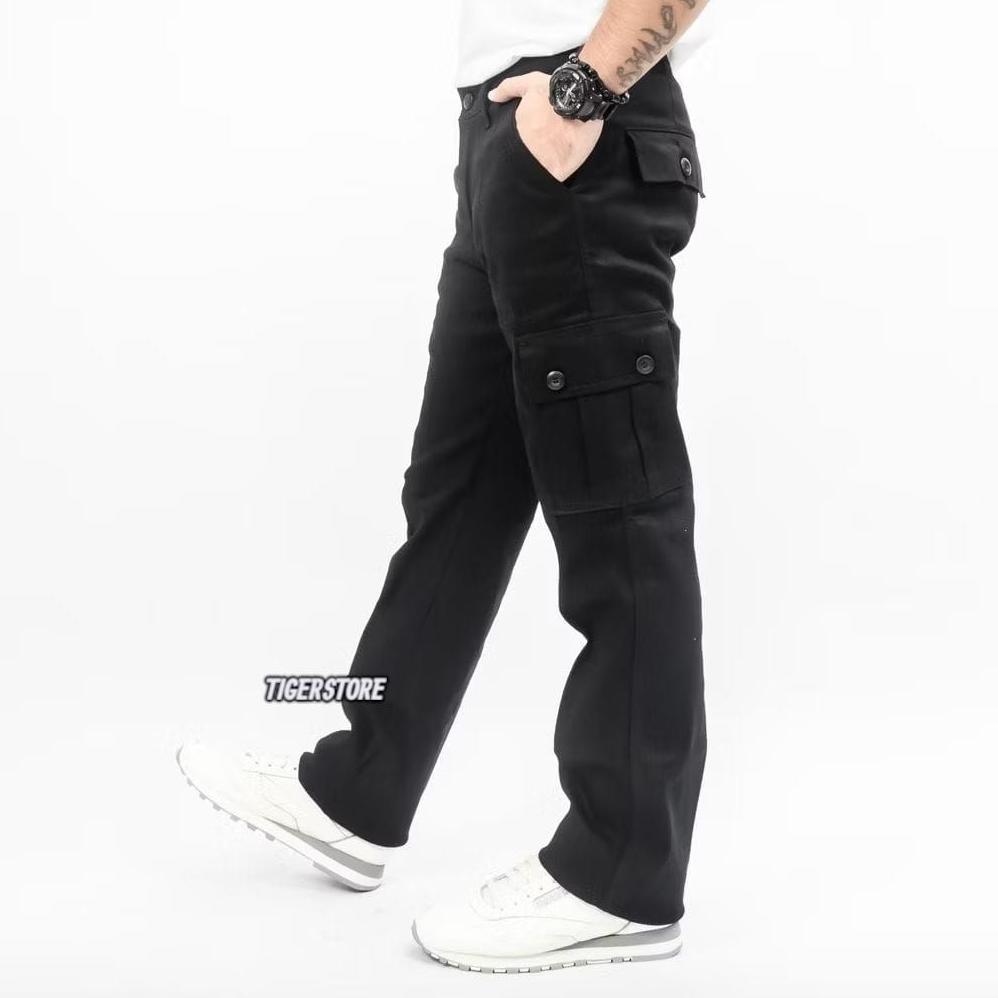 KUALITAS SUPER Long Cargo Pants Jeans Pria Loose Fit  Nstrech Regular Cargo Jeans Denim Black Sandwa