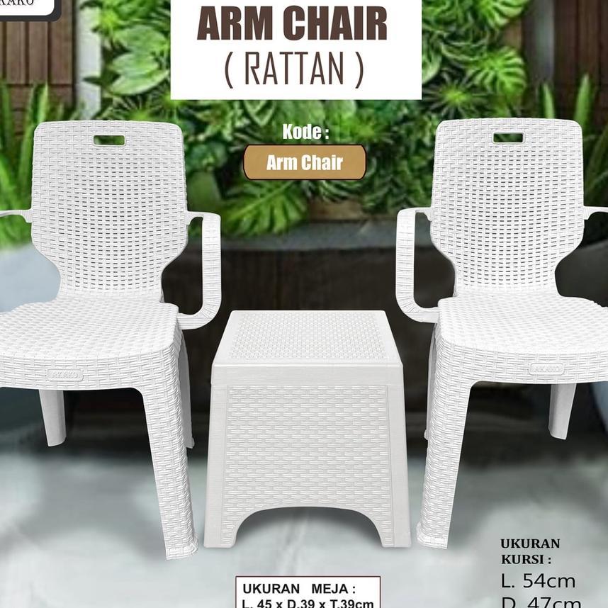 Akako - Kursi Plastik Arm Chair (Rattan) Set - Kursi Teras & Meja Rotan Plastik Minimalis