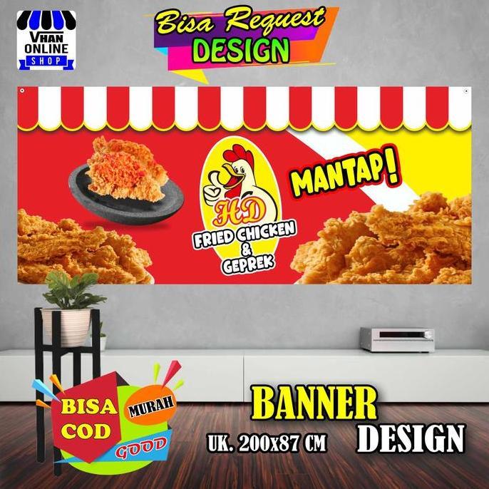 Ready  Spanduk Banner Jualan Ayam Crispy, Ayam Geprek, Chicken, Murah Simple