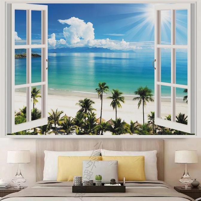 Latar belakang ambang jendela bertema musim semi, hiasan dinding lanskap samping tempat tidur kamar 