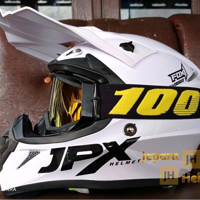 Helm Jpx Cross Solid Polos White Putih + Kacamata Goggle Google 100% Limited | Helm Jpx Cross Black 