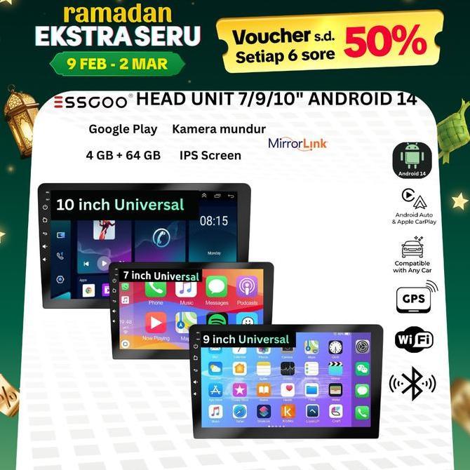 Essgoo Head Unit Android 14 Mobil 4G+64G  7/9/10 Inch 2 Din Kontrol Suhu Cerdas Ips Layer Mobil Navi