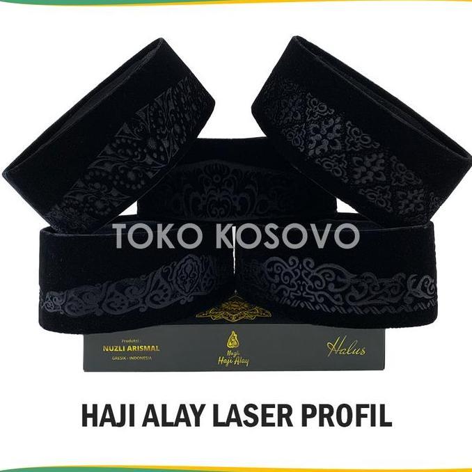 NEW SONGKOK PREMIUM HAJI ALAY LASER AC TINGGI 9 CM PECI SHOLAT PRIA DEWASA HITAM MOTIF KOPIAH SHALAT