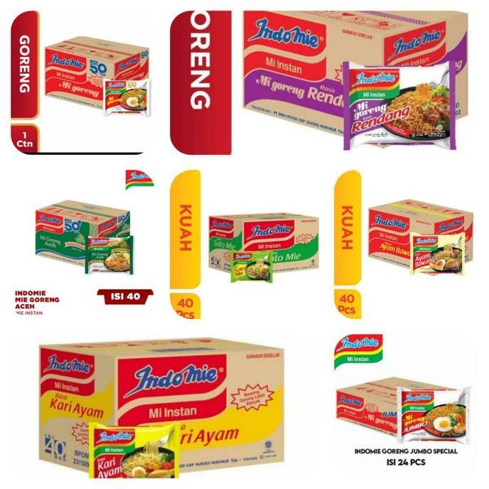 NEW INDOMIE GORENG SPESIAL,JUMBO,MI GORENG ACEH,MIE AYAM BAWANG,SOTO,KARI,MIE RENDANG 1 DUS ISI 40 P