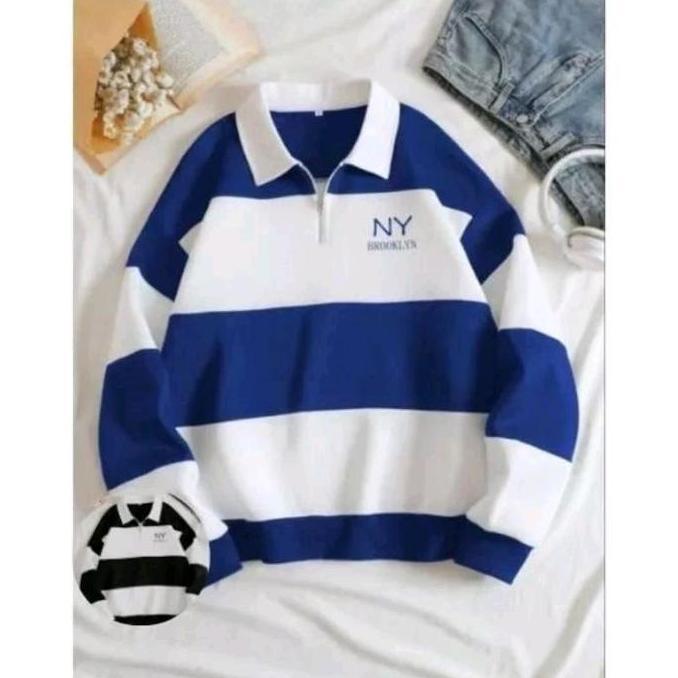 Sweater Crewneck Rugby Kerah Sleting Kombinasi Ny Brooklyn Atasan