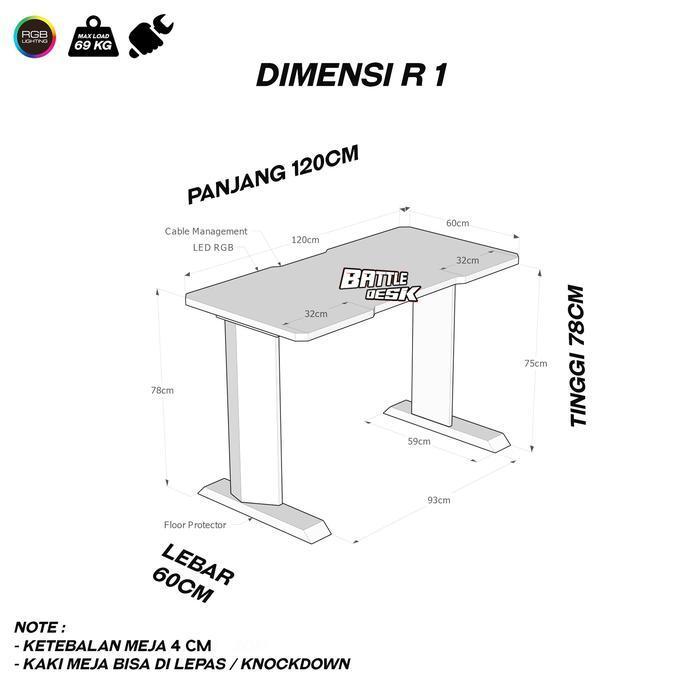 Meja Komputer Gaming PC Desk RGB murah 120x60 - Battledesk R 1
