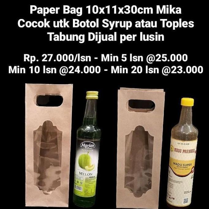 Paper Bag 10x11x30cm Mika Cocok utk Botol Syrup Dijual per lusin